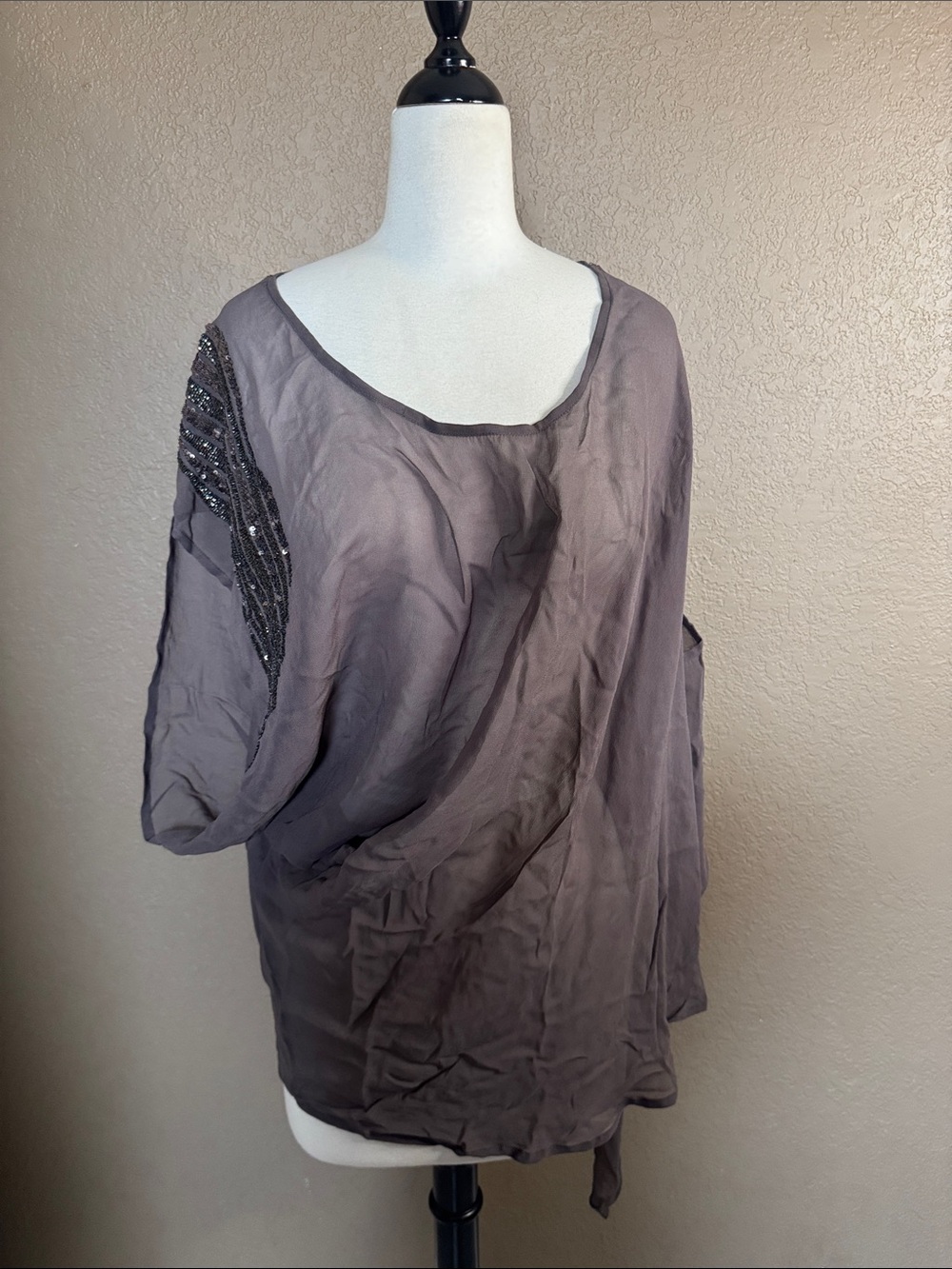 Gorgeous Gold Hawk Semi Sheer Top with Beaded Accent